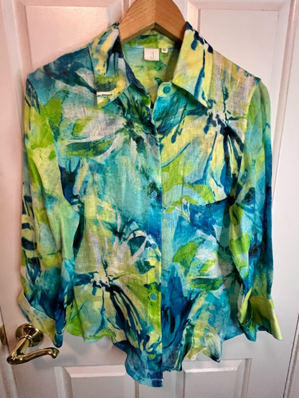 Jones New York Lightweight Linen Tropical Blue & Lime Button-Up Top Sz M